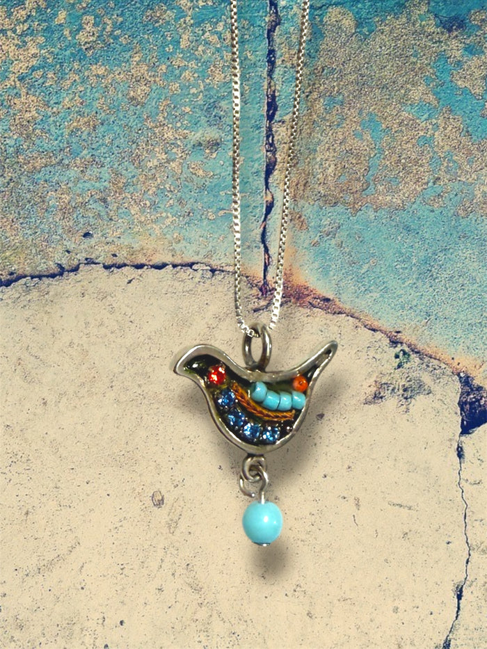 Adaya mosaic dove pendant beaded in bright colors on silver chain | Judaica Square Lakewood