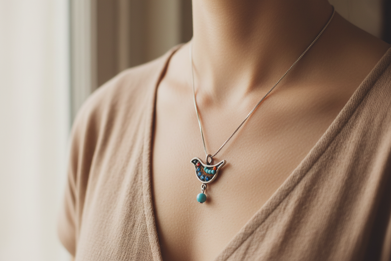 Adaya mosaic dove pendant beaded in bright colors on silver chain | Judaica Square Lakewood (view 7)