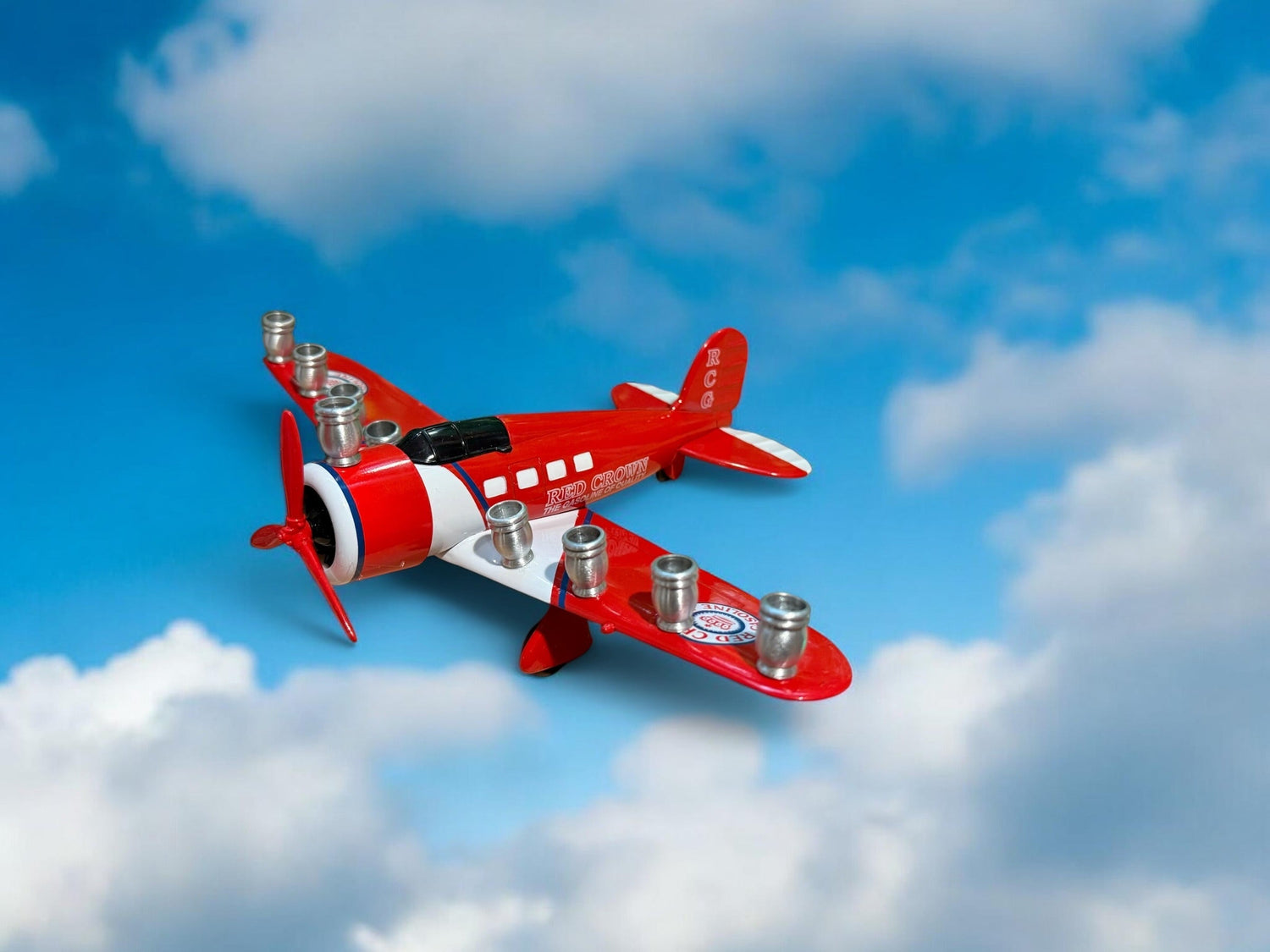 Vintage Airplane Menorah — die-cast metal plane bank fitted with aluminum cups | Judaica Square Lakewood (view 4)