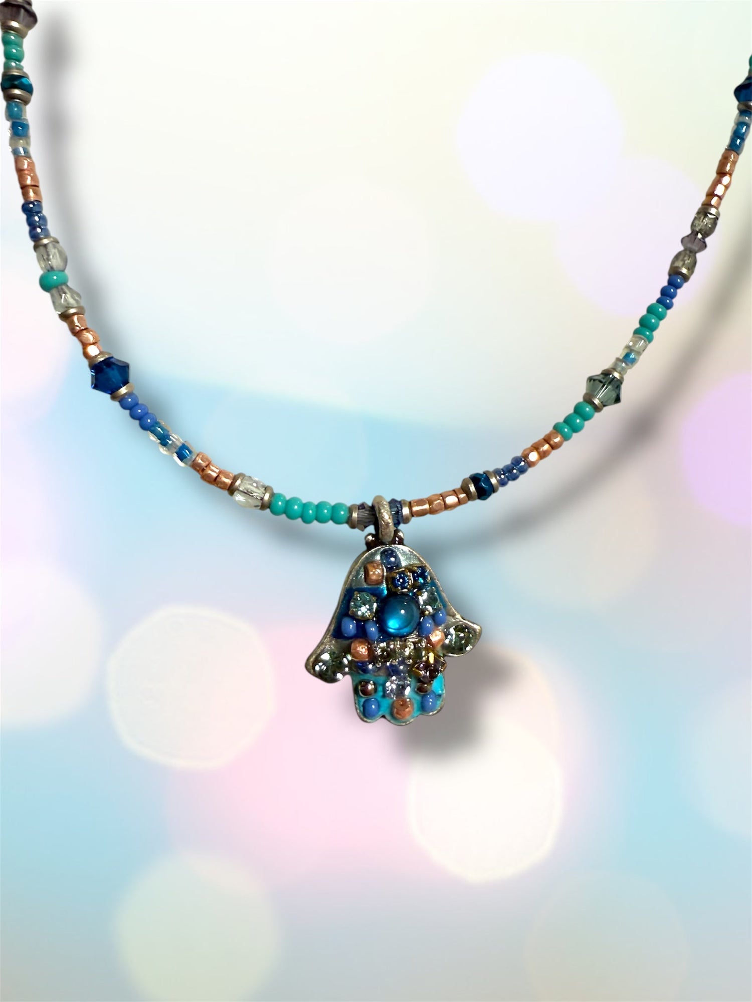 Small blue mosaic hamsa necklace — cobalt glass gold pendant | Judaica Square Lakewood (view 10)