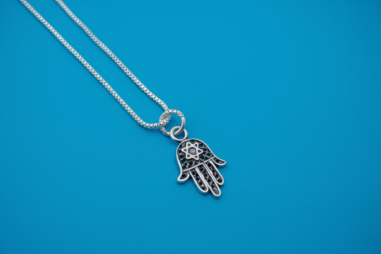 Sterling silver filigree hamsa pendant with Chai cutout on box chain | Judaica Square Lakewood (view 3)