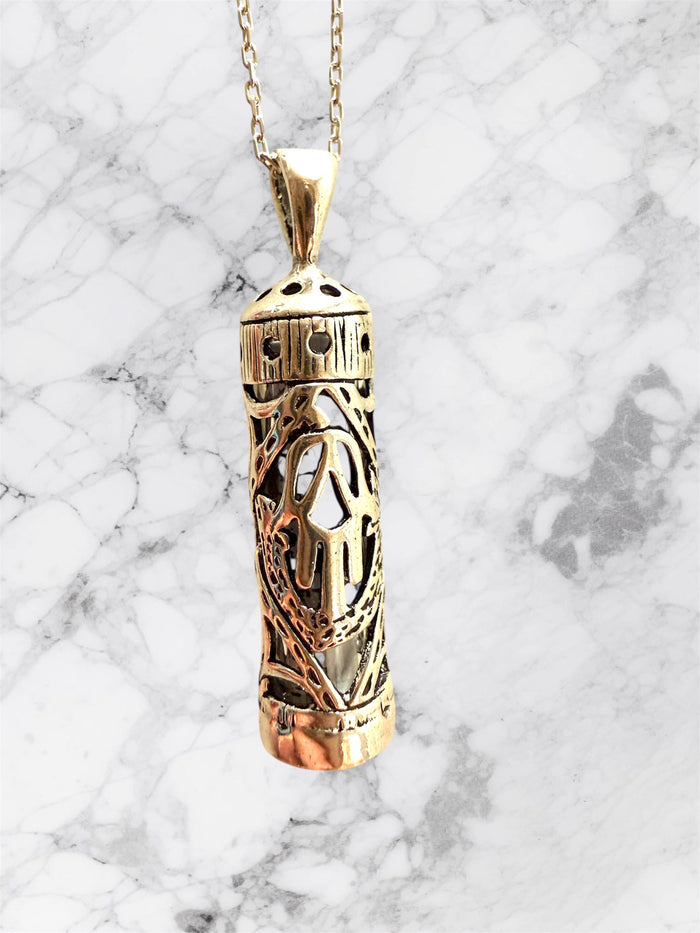 Sterling silver mezuzah case pendant with hamsa design and chain | Judaica Square Lakewood