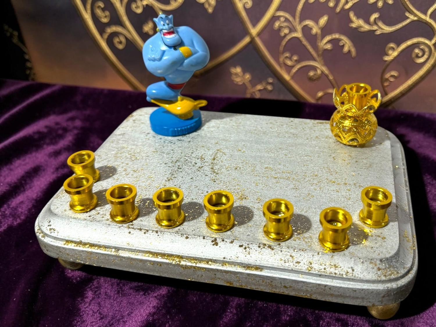 Genie menorah — blue Aladdin genie figure on painted wood plaque with aluminum candle cups | Judaica Square Lakewood (view 3)