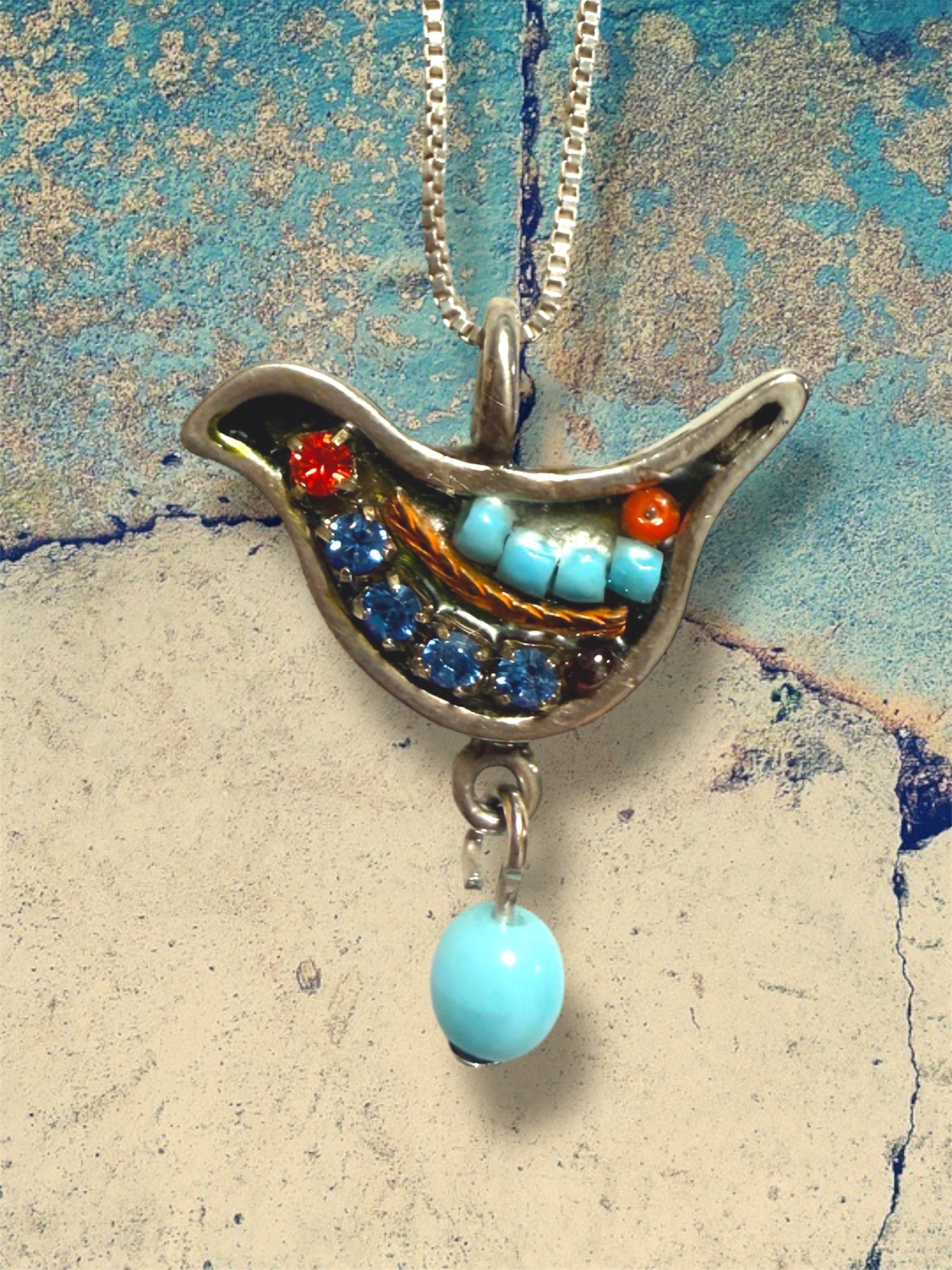 Adaya mosaic dove pendant beaded in bright colors on silver chain | Judaica Square Lakewood (view 4)