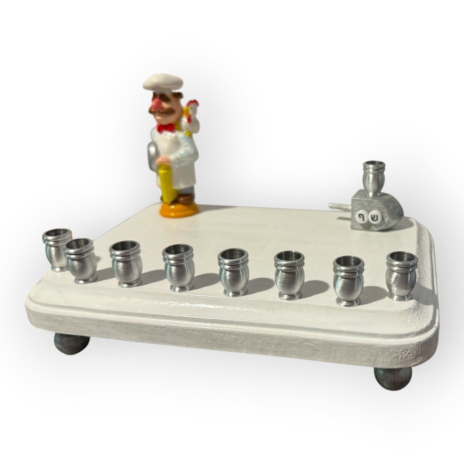 Swedish Chef menorah — Muppets chef figure with Hebrew bead dreidel and aluminum cups | Judaica Square Lakewood (view 14)