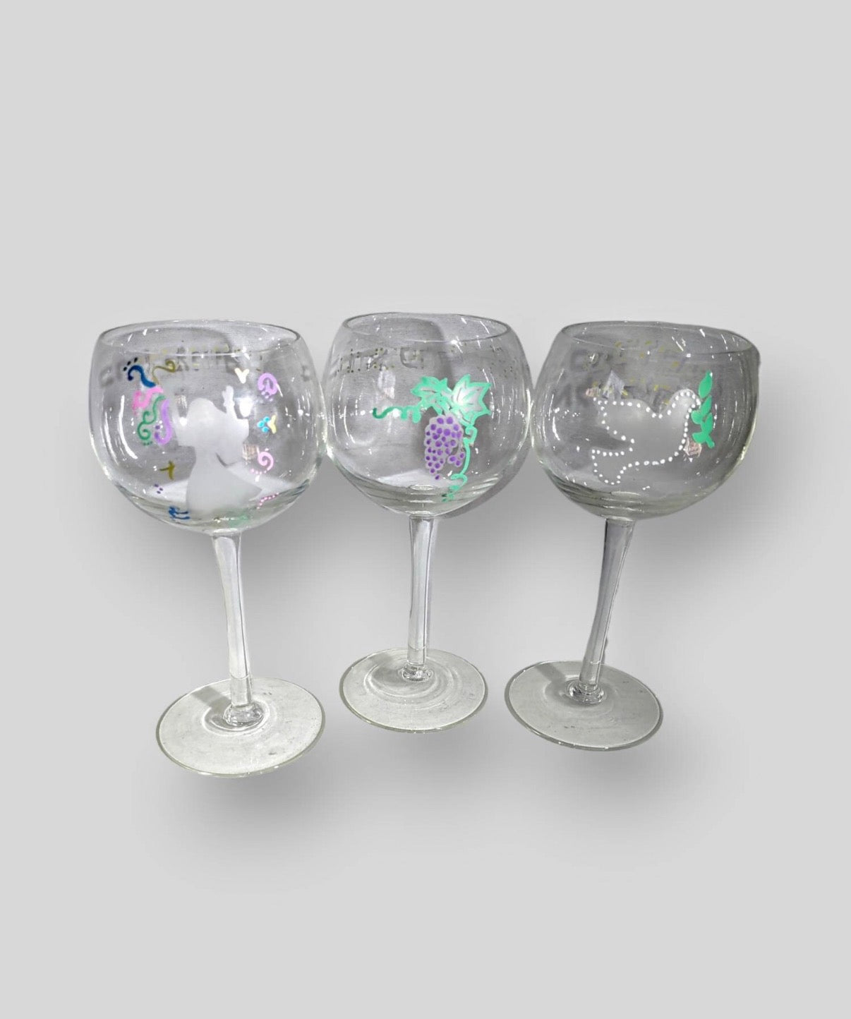 Seder cup set — three etched glasses painted with purple grapes | Judaica Square Lakewood (view 2)