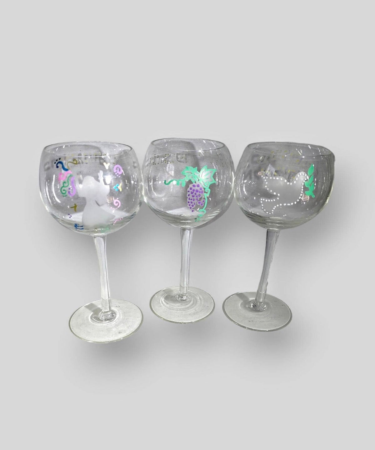 Seder cup set — three etched glasses painted with purple grapes | Judaica Square Lakewood (view 2)