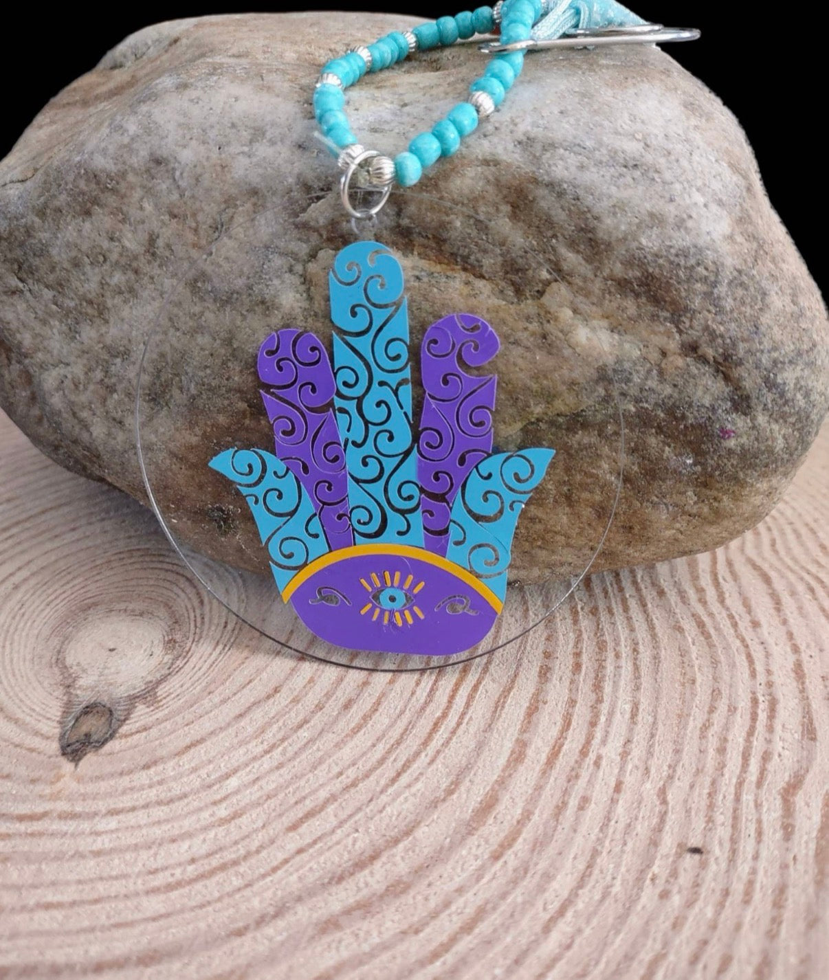 Hand painted wooden hamsa ornament with glitter evil eye and beads | Judaica Square Lakewood (view 8)