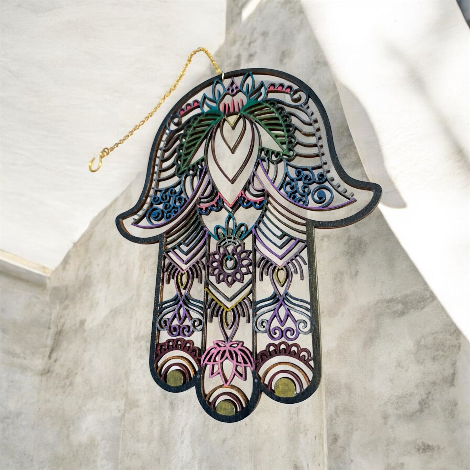 Two-sided wood hamsa — evil eye and floral mandala designs | Judaica Square Lakewood (view 9)