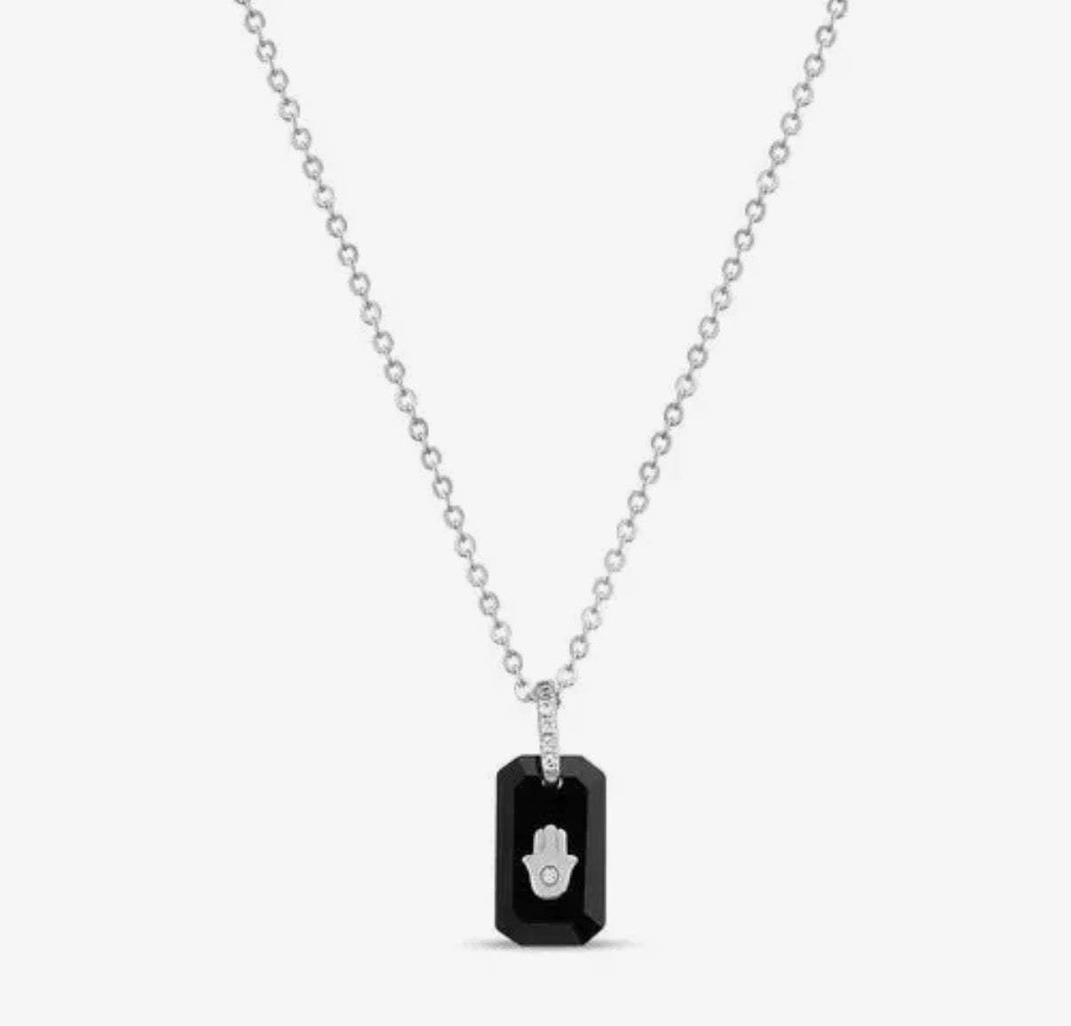 Black onyx hamsa necklace — sterling silver pendant with cubic zirconia | Judaica Square Lakewood (view 8)