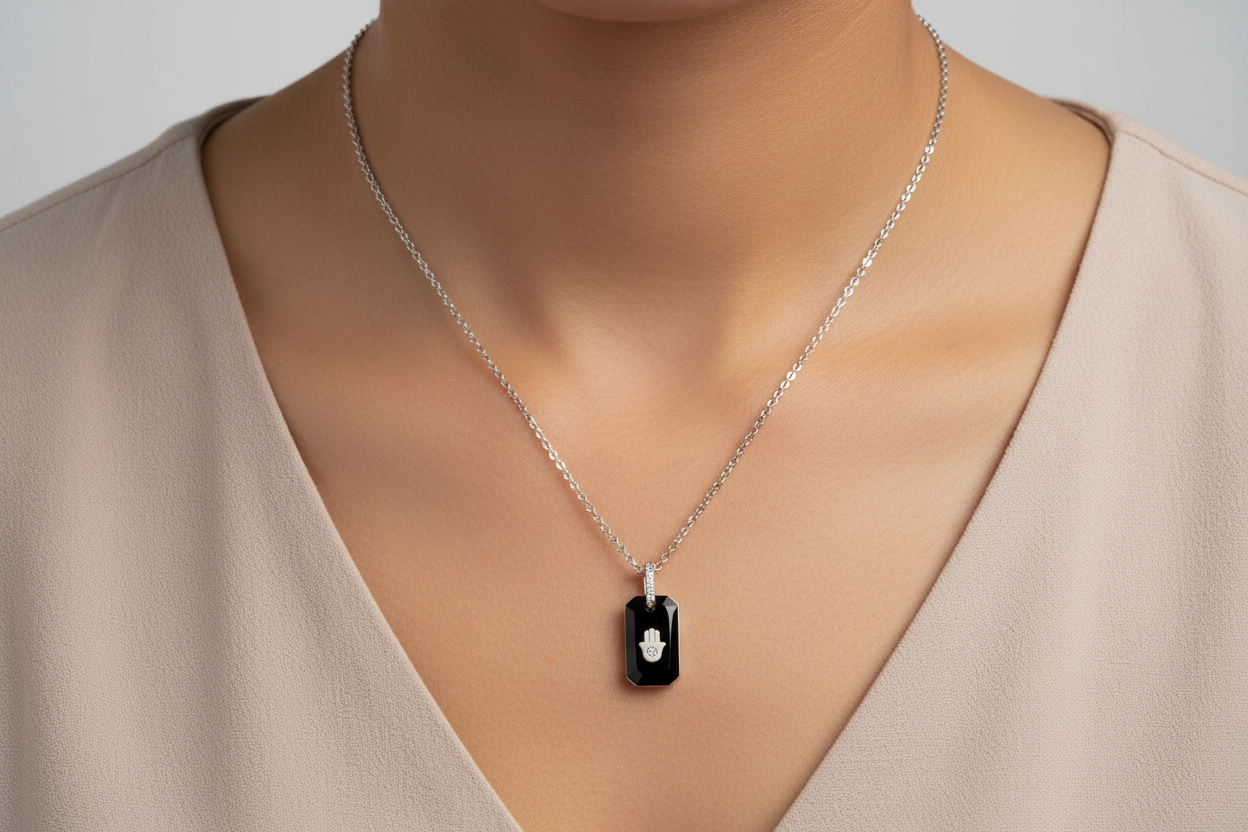 Black onyx hamsa necklace — sterling silver pendant with cubic zirconia | Judaica Square Lakewood (view 6)