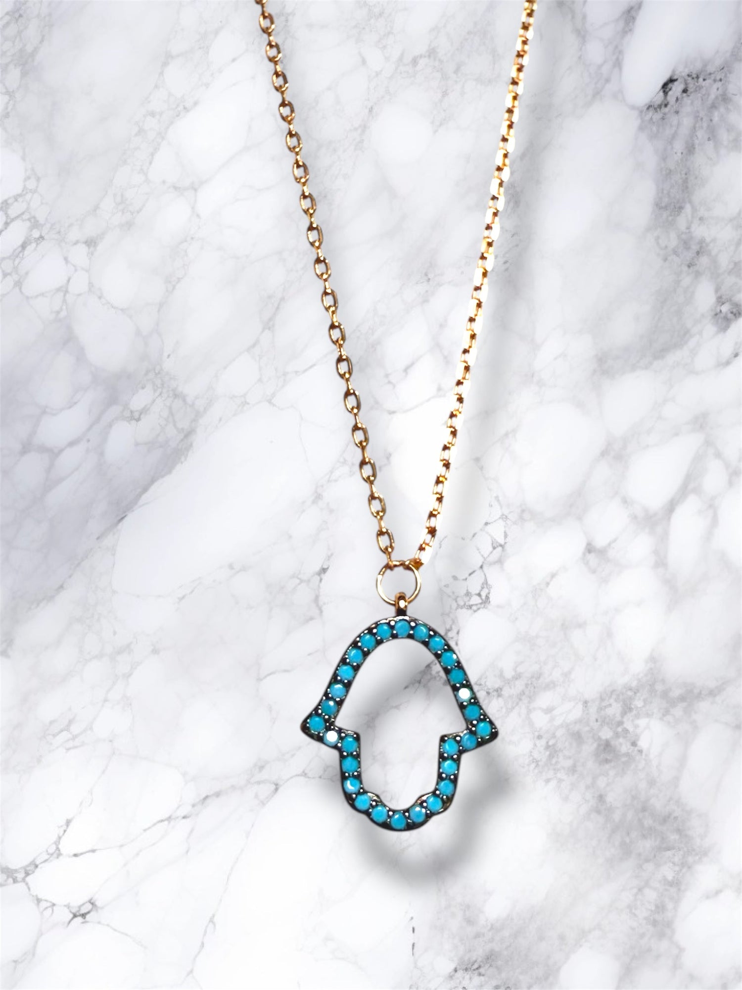 Rose gold hamsa necklace — open hand with blue gemstone | Judaica Square Lakewood (view 2)