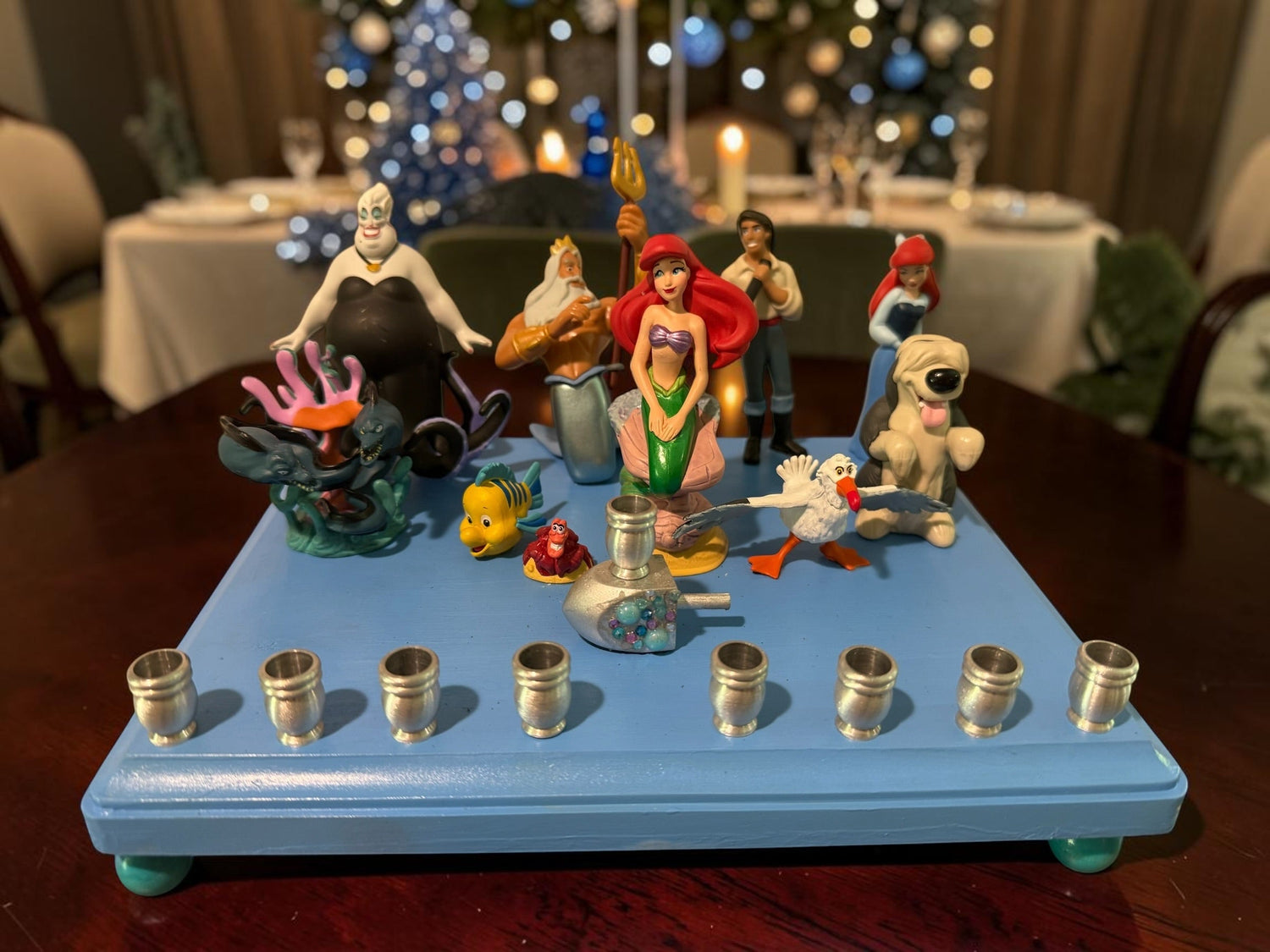 Little Mermaid Menorah — mermaid figures and rhinestones on a painted wood plaque | Judaica Square Lakewood (view 8)
