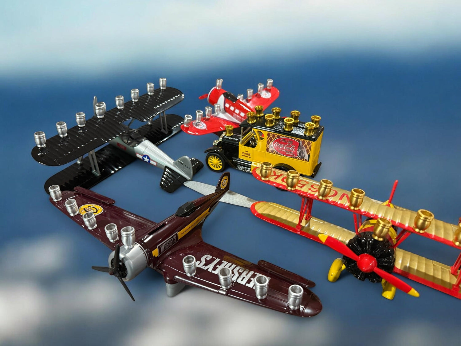 Vintage Airplane Menorah — die-cast metal plane bank fitted with aluminum cups | Judaica Square Lakewood (view 8)