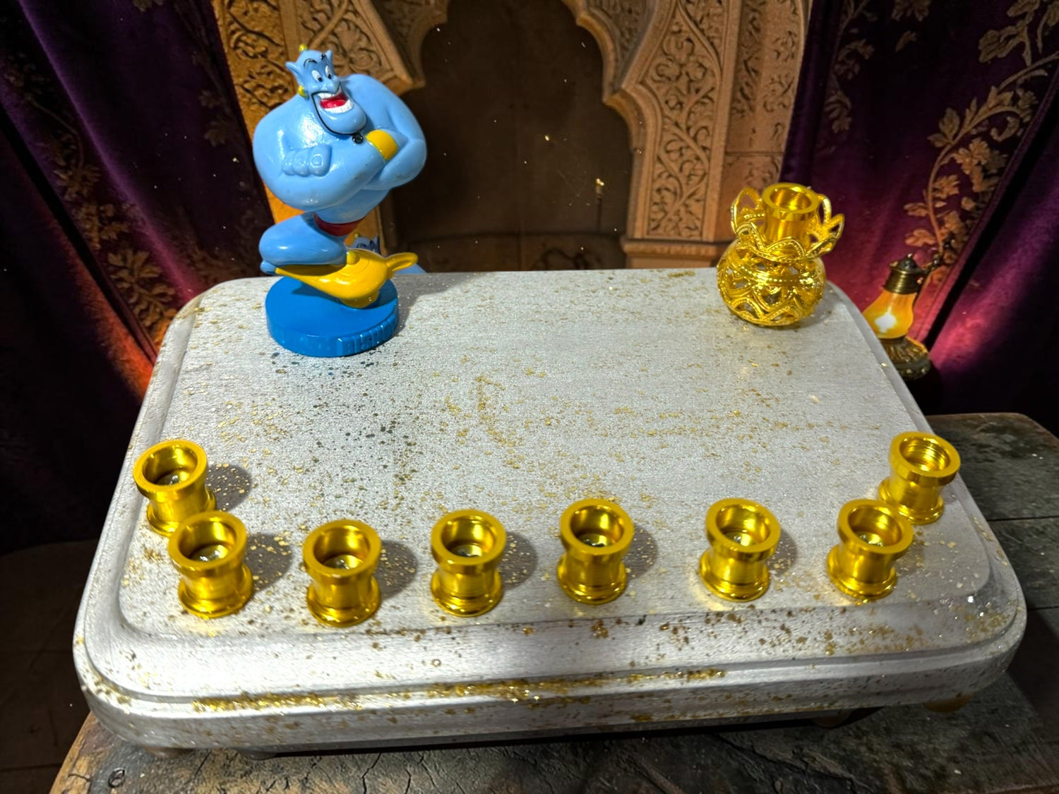 Genie menorah — blue Aladdin genie figure on painted wood plaque with aluminum candle cups | Judaica Square Lakewood (view 6)