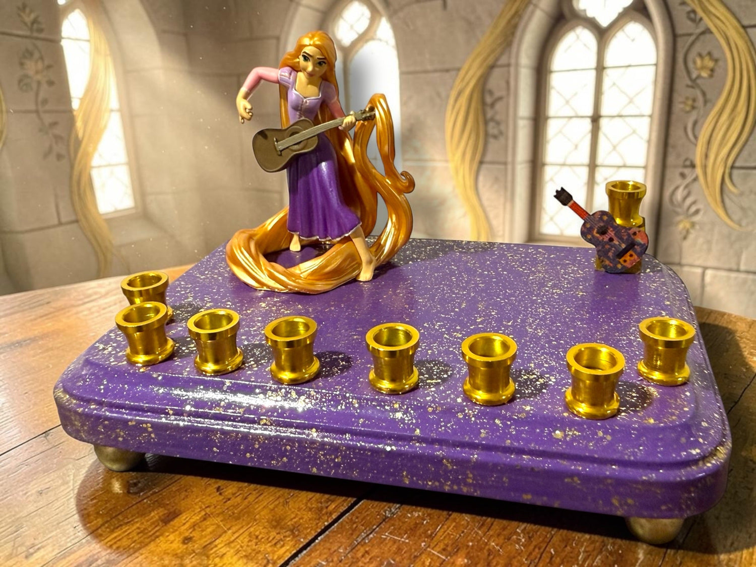 Rapunzel menorah — Tangled figure with wooden guitar shamash on painted base | Judaica Square Lakewood (view 5)