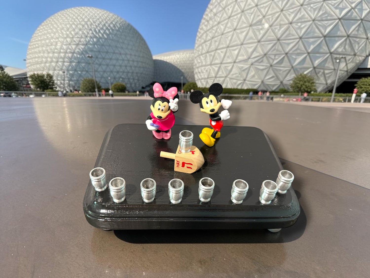 Mickey and Minnie Mouse menorah — repurposed Disney figures on painted wood plaque | Judaica Square Lakewood (view 24)