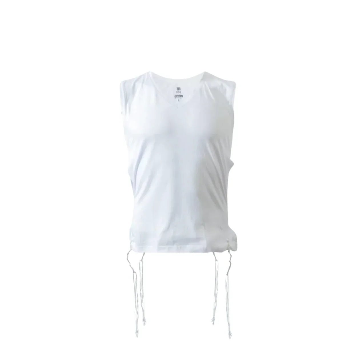 Kids white sleeveless V-neck tzitzit t-shirt on white background