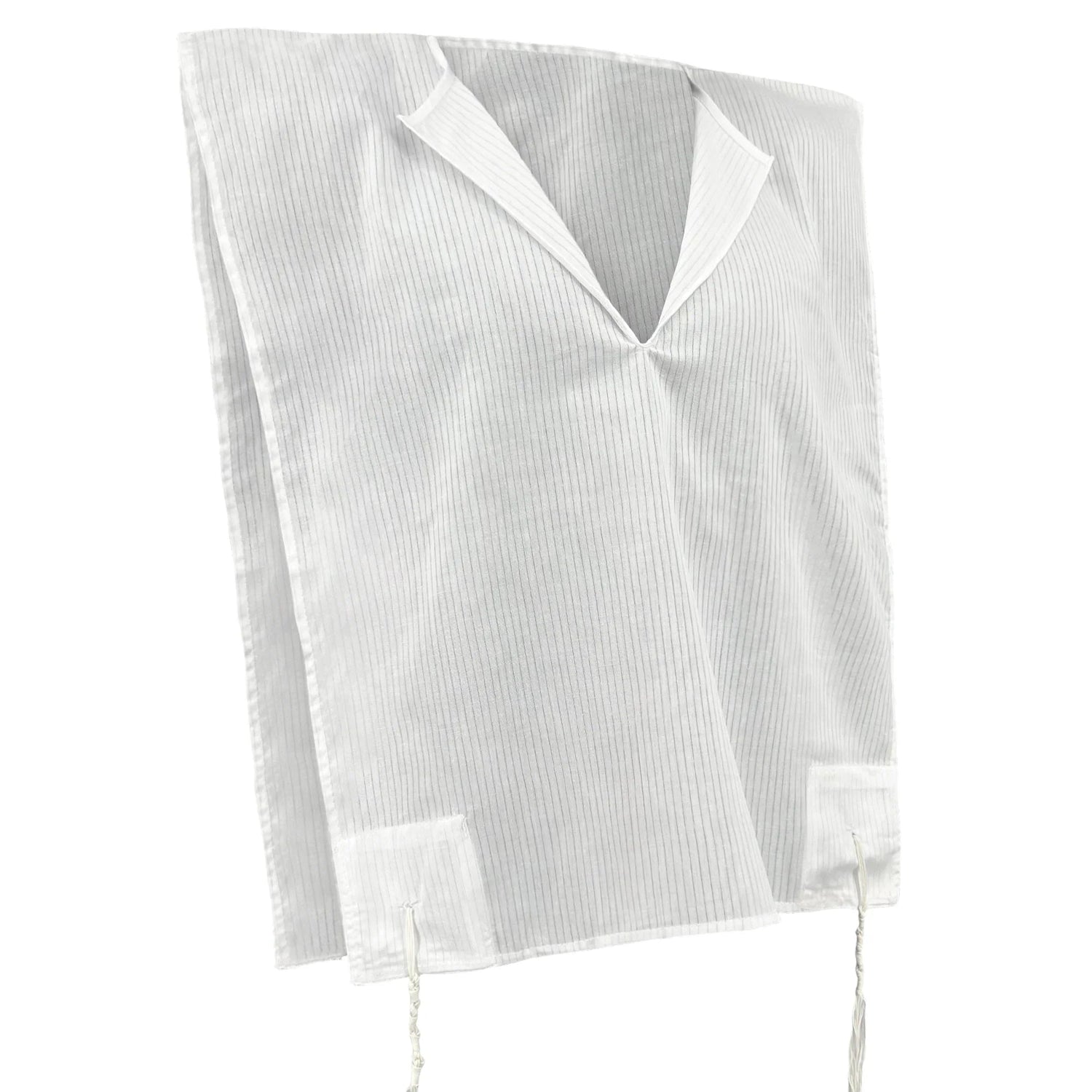 White striped tzitzit shirt with collar on white background