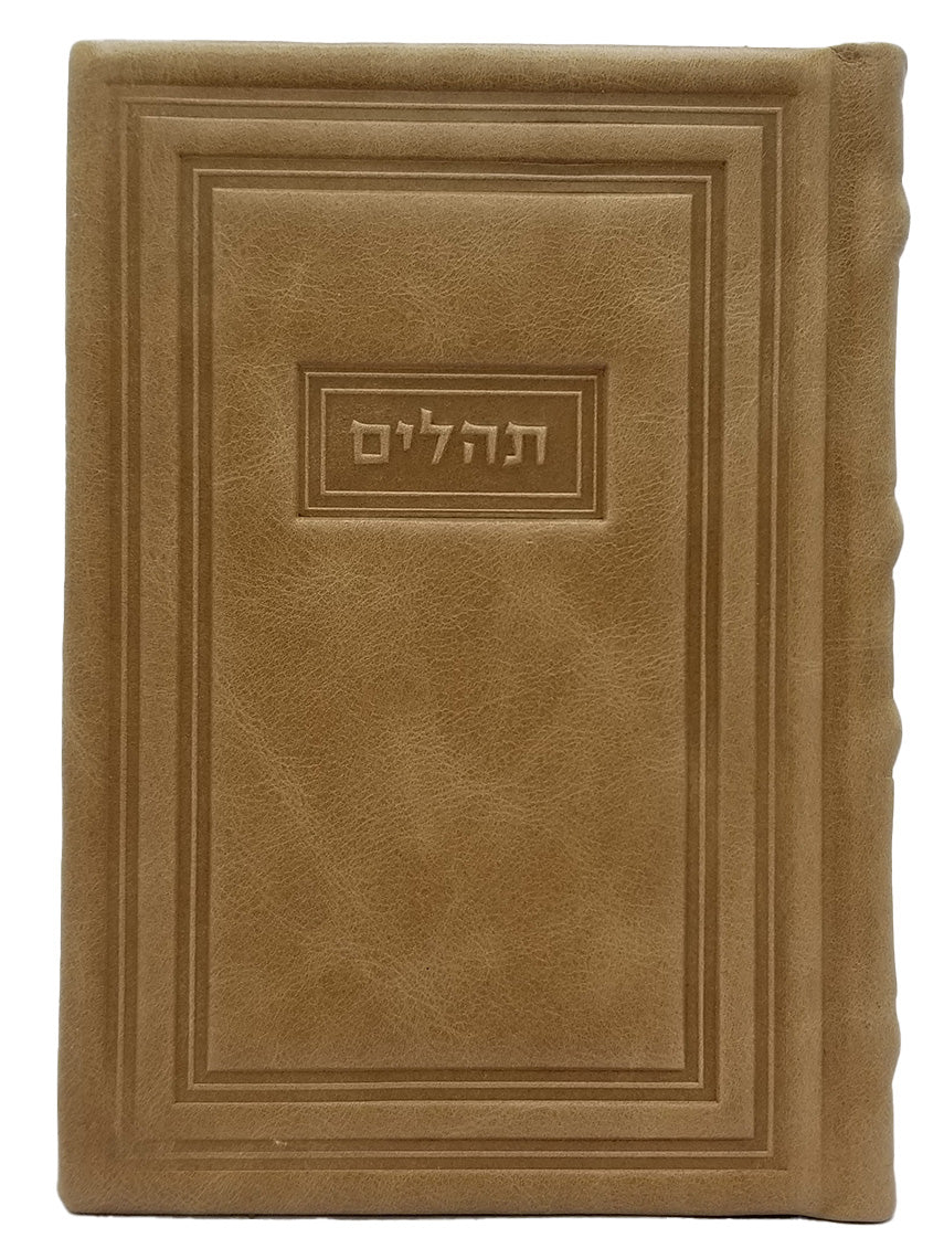 Front cover of the medium Tehillim Lehavanah, antique leather in Antique Border Parchment