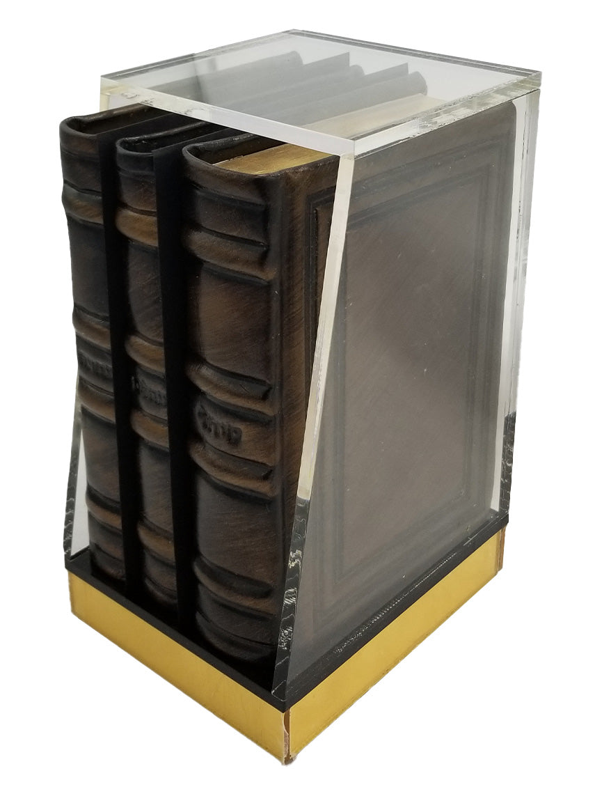 Another angle of the Lehavanah three-volume set, antique leather in Antique Border Bronze