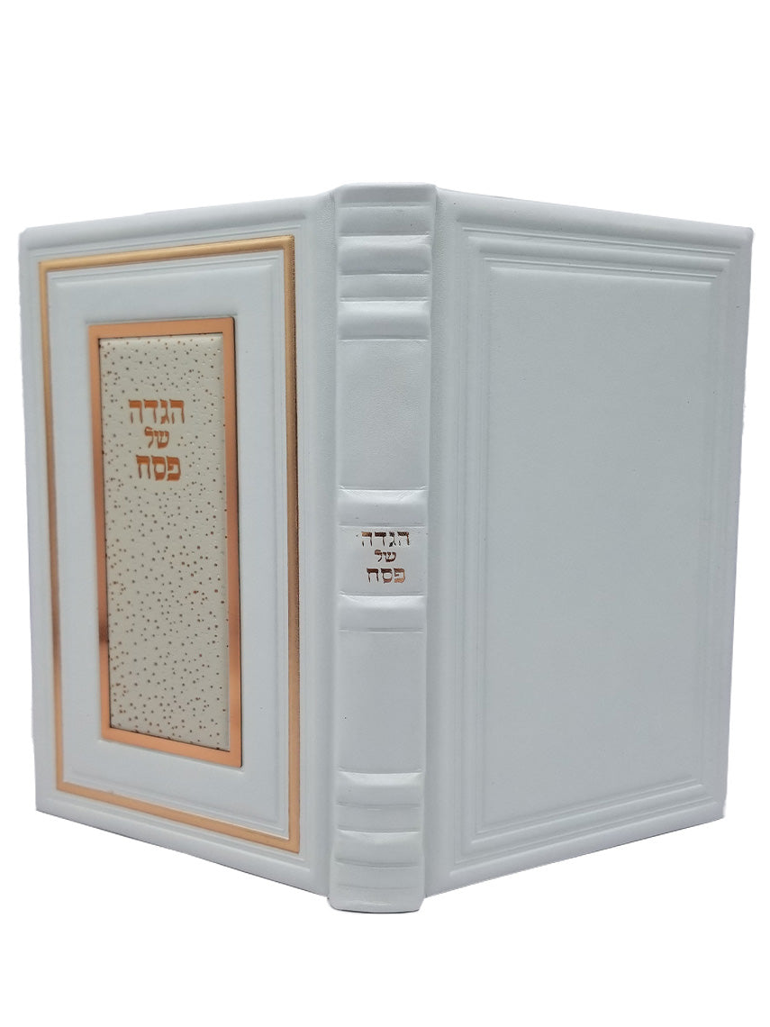 Cover and spine of the white antique Haggadah, Modern Center