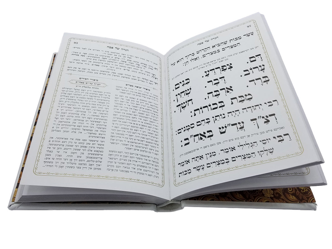 Open pages of the white antique Haggadah, Modern Center, showing the Hebrew text layout