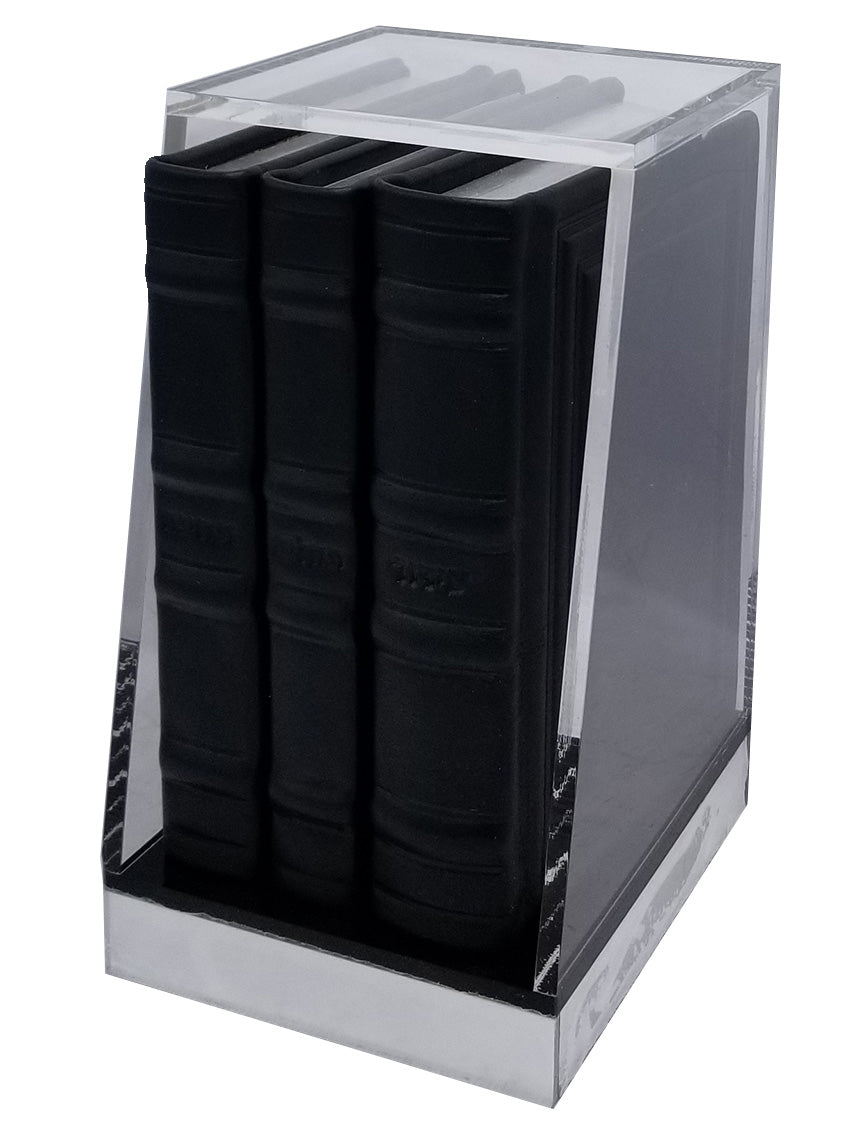 Another angle of the Lehavanah three-volume set, antique leather in Antique Border Black