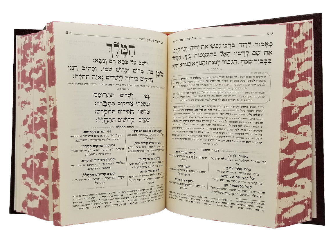Open pages of the Machzor Haarich medium 5-volume hardcover, showing the Hebrew text layout