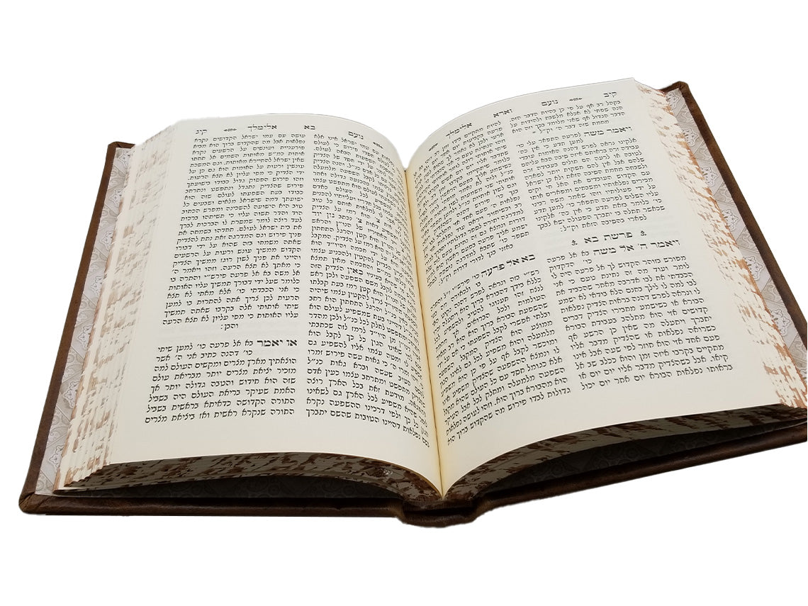 Open pages of the Noam Elimelech zemiros, camel antique leather, showing the Hebrew text layout