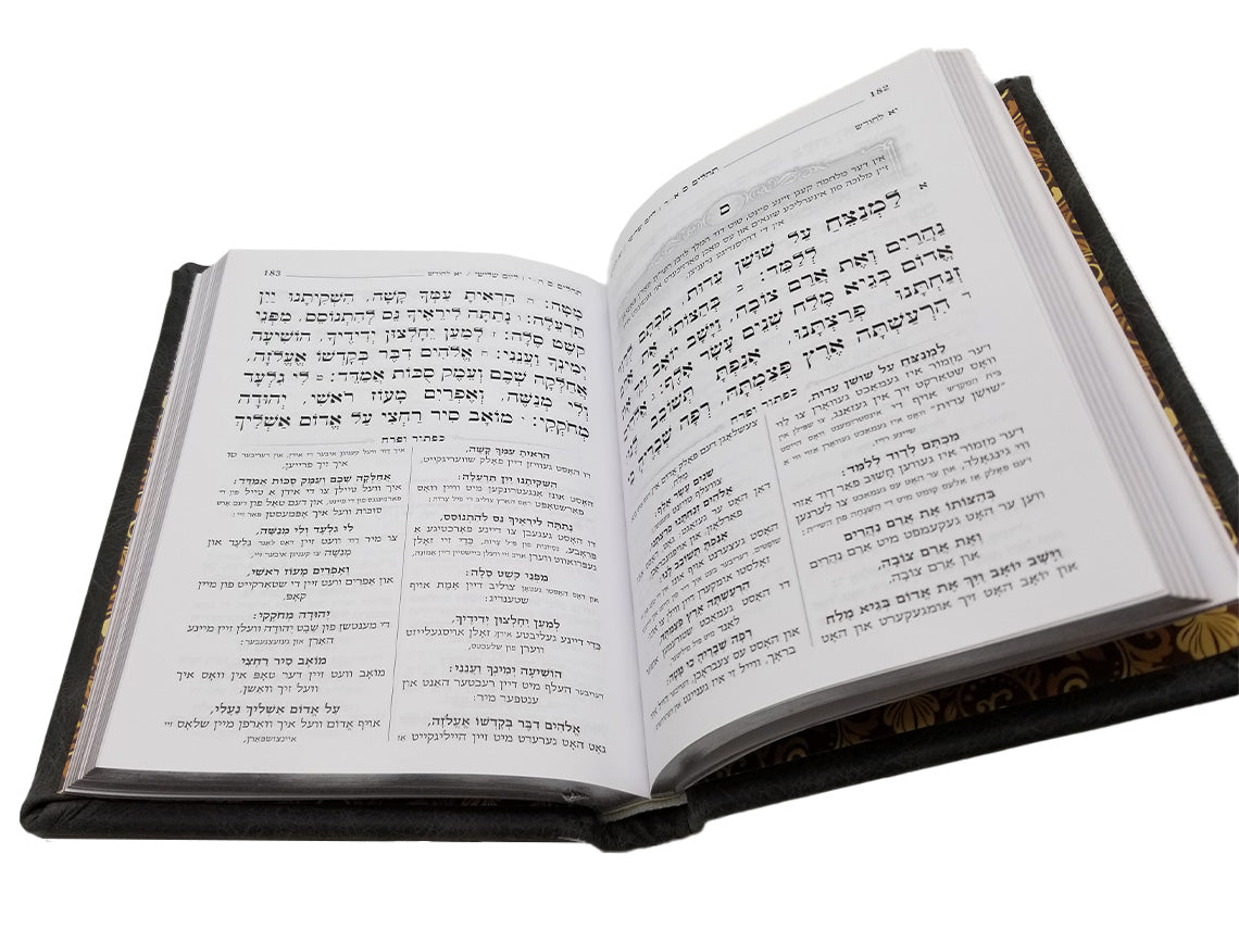 Open pages of the medium Tehillim Lehavanah, antique leather, showing the Hebrew text layout