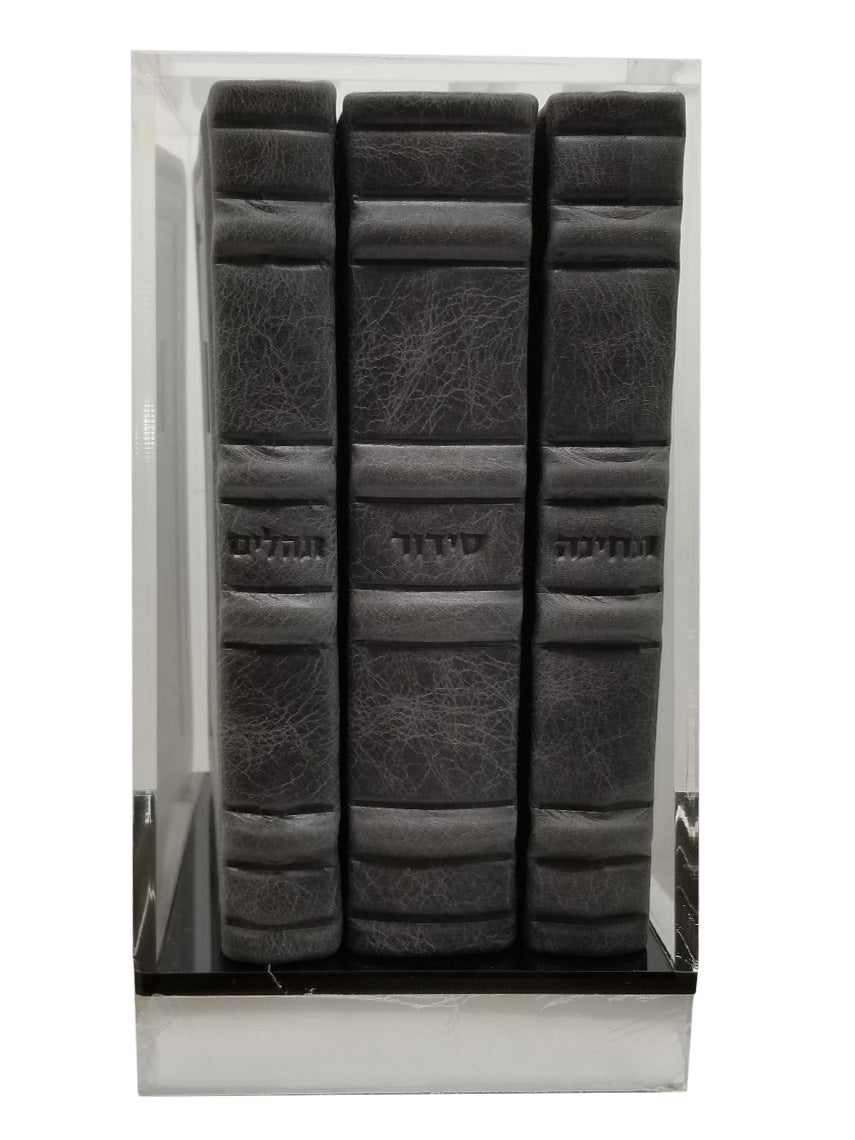 Cover and spine of the Lehavanah set, light marble gray, lucite box