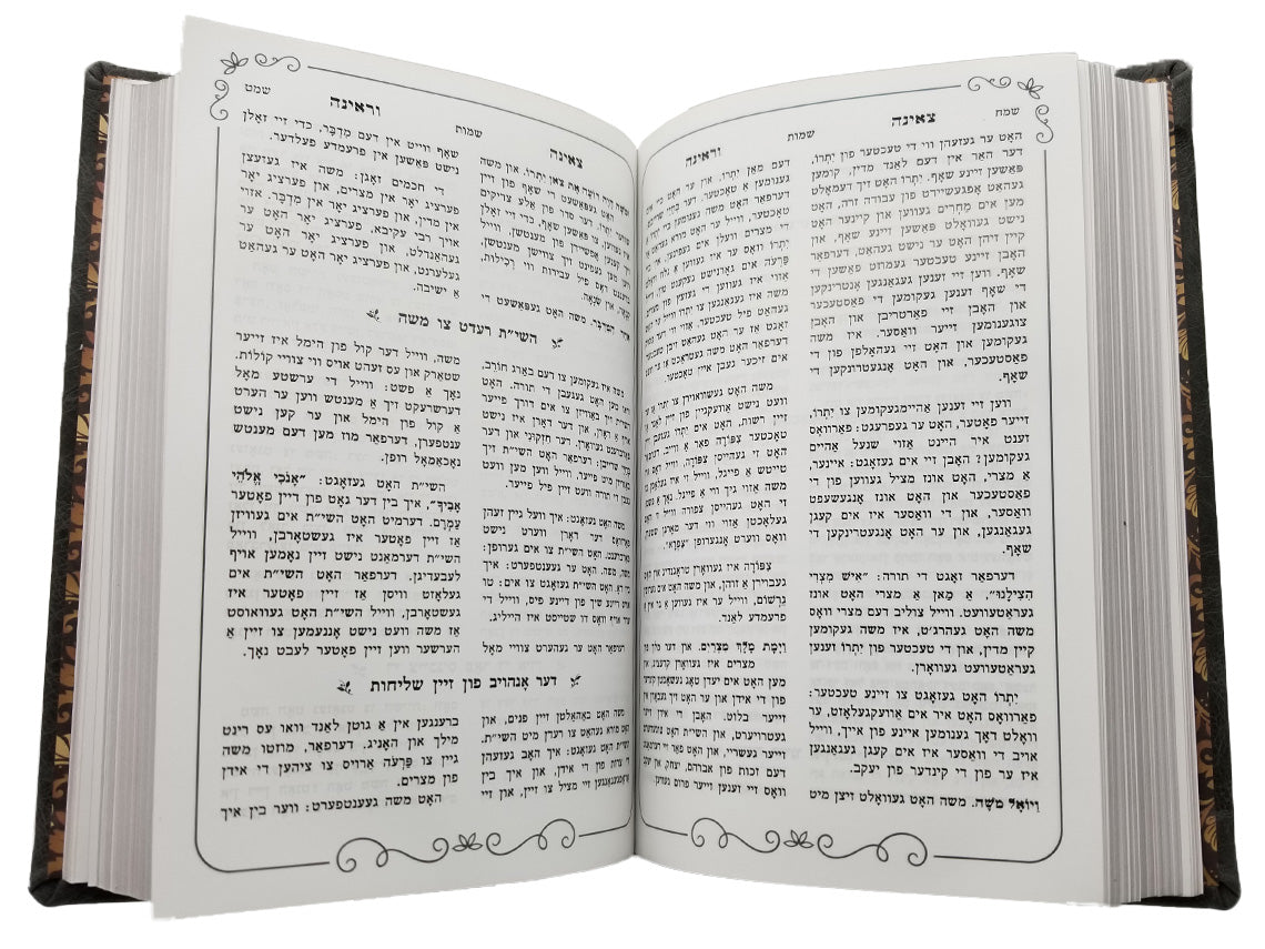 Open pages of the two-volume Tzena U'rena, antique leather, showing the Hebrew text layout
