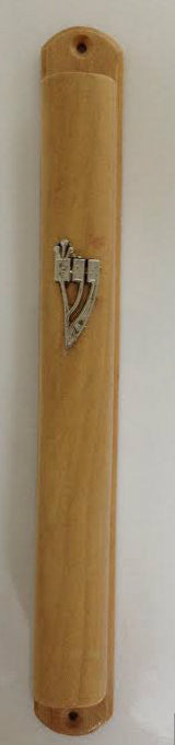 ART Round Olive Wood Mezuzah Case with Silver "Shin" 15cm