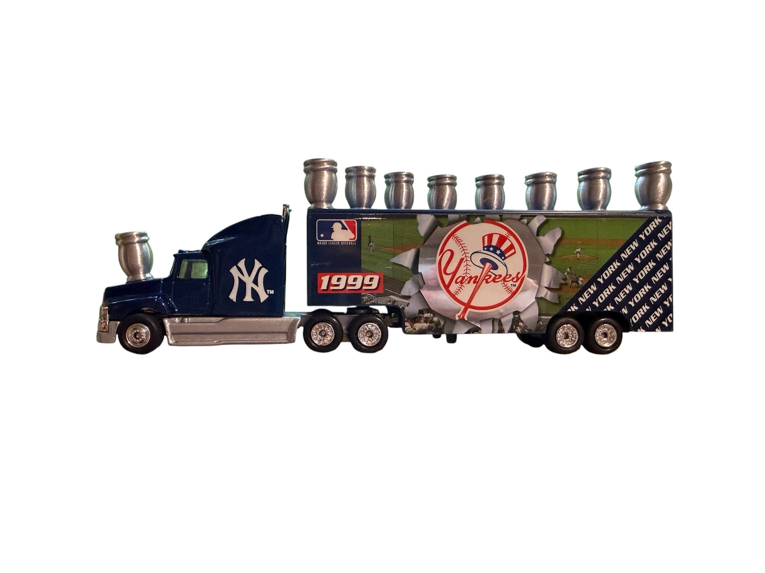 Yankees truck menorah — vintage die-cast baseball truck with a row of aluminum candle cups | Judaica Square Lakewood (view 5)