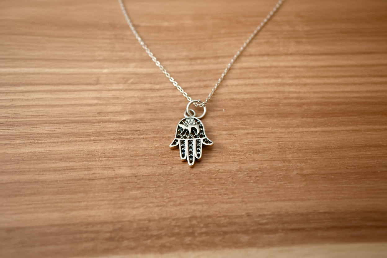 Sterling silver filigree hamsa pendant with Chai cutout on box chain | Judaica Square Lakewood (view 5)