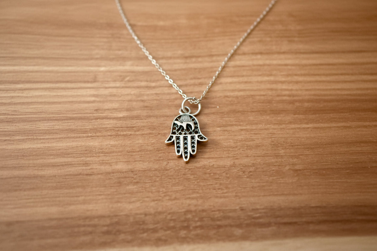 Sterling silver filigree hamsa pendant with Chai cutout on box chain | Judaica Square Lakewood (view 5)