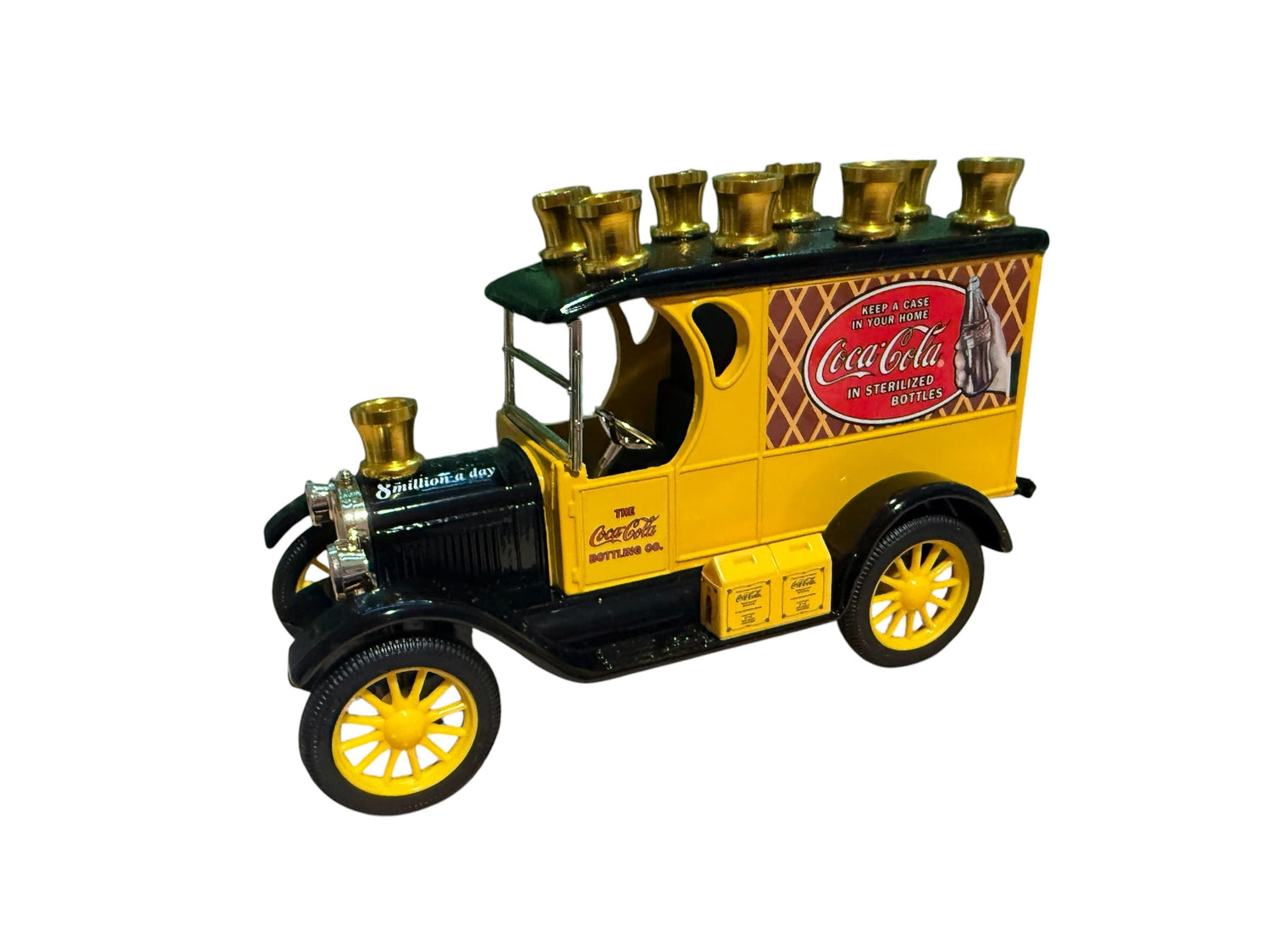 Coca-Cola Car Menorah — red vintage die-cast car bank with aluminum cups | Judaica Square Lakewood (view 3)