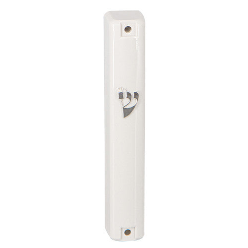 White Plastic Mezuzah Case Silver Shin 12cm (MZ-PMC12WS) 22205