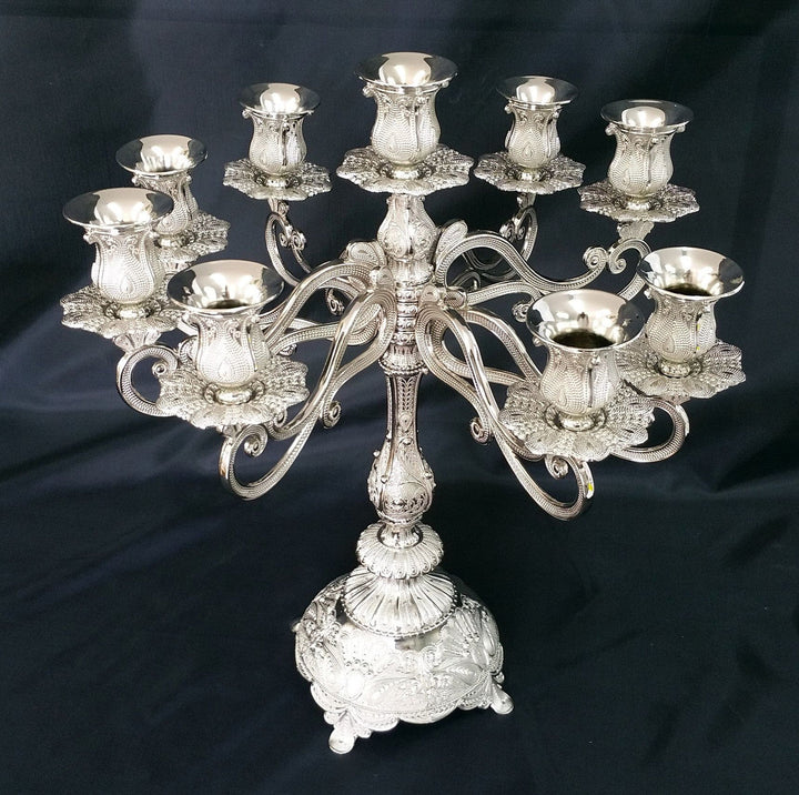 16-inch silver-plated filigree nine-light candelabra