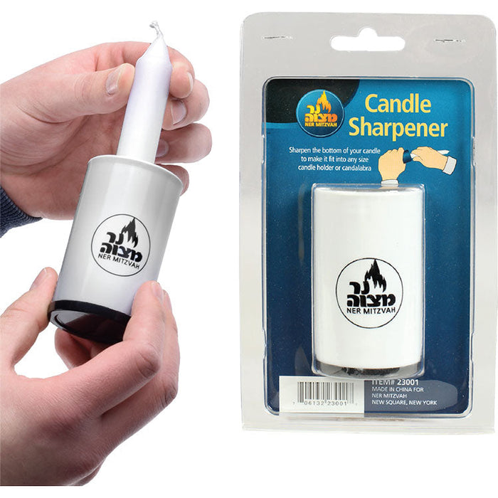 Candle Sharpener — handheld sharpener trimming the base of a white candle | Judaica Square Lakewood