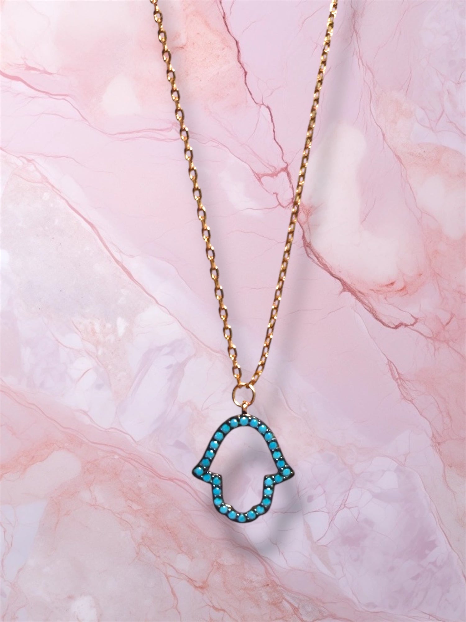 Rose gold hamsa necklace — open hand with blue gemstone | Judaica Square Lakewood (view 9)