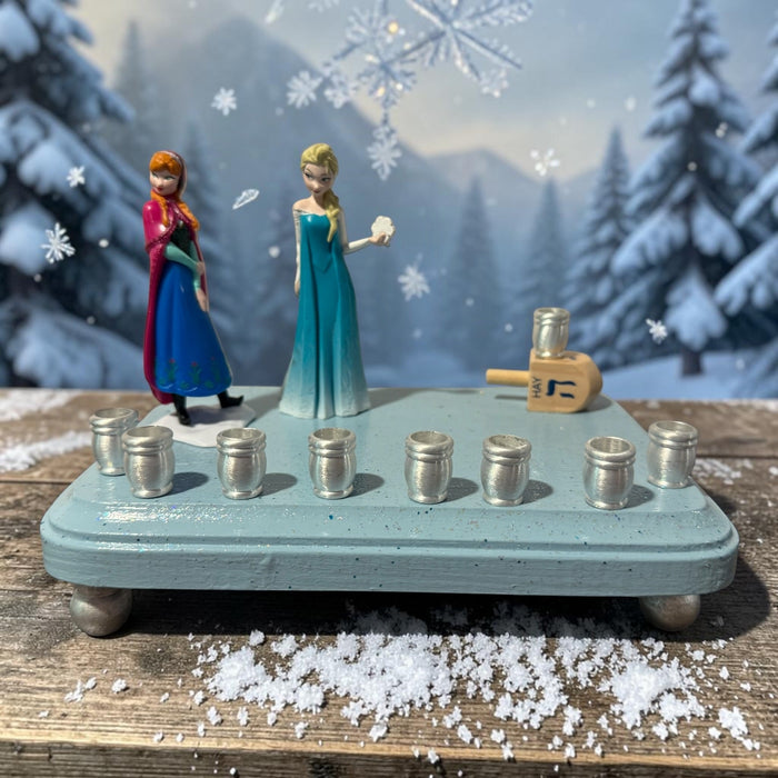 Frozen menorah — Anna and Elsa figures on rhinestone-trimmed painted plaque | Judaica Square Lakewood