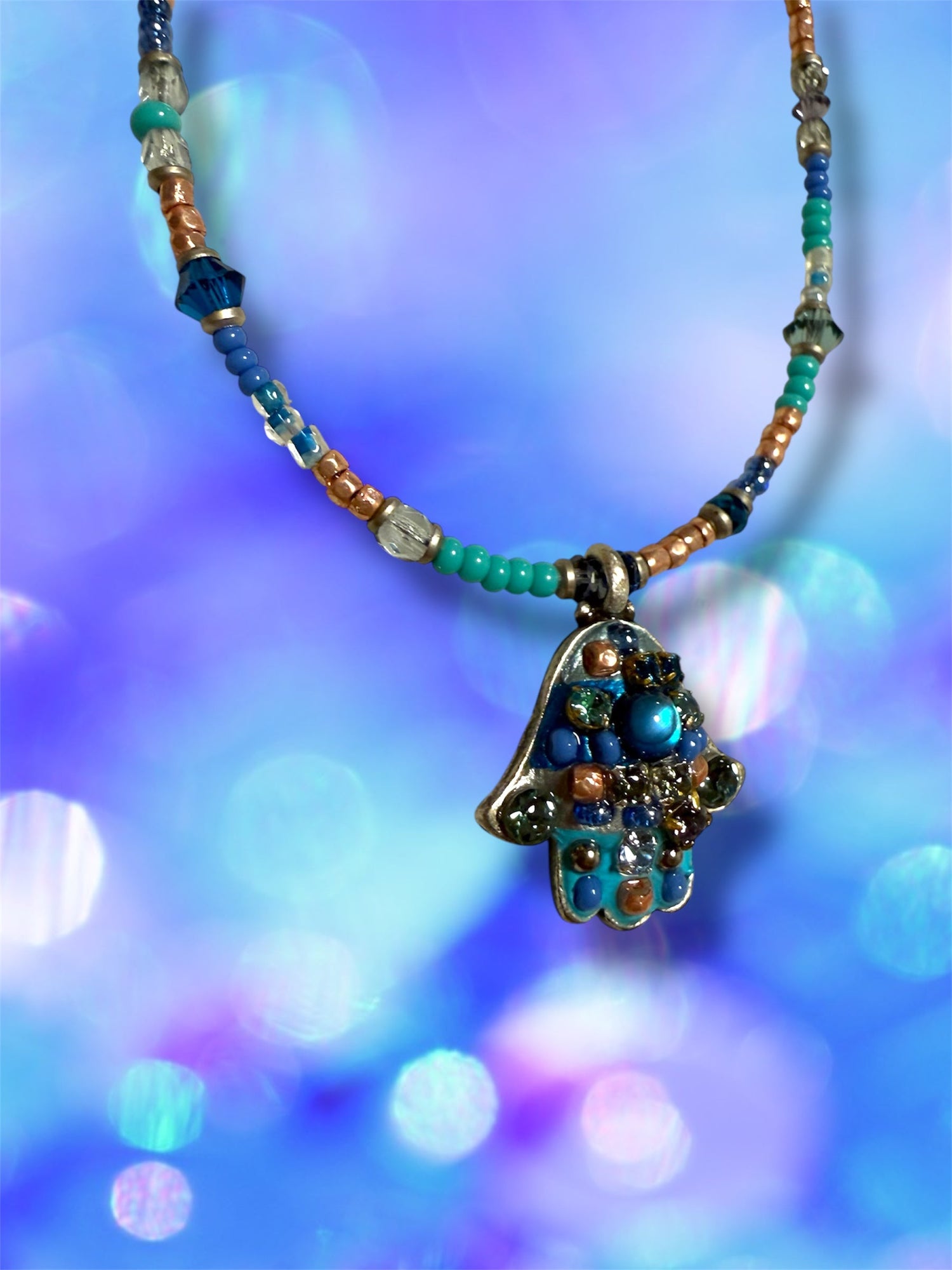 Small blue mosaic hamsa necklace — cobalt glass gold pendant | Judaica Square Lakewood (view 6)
