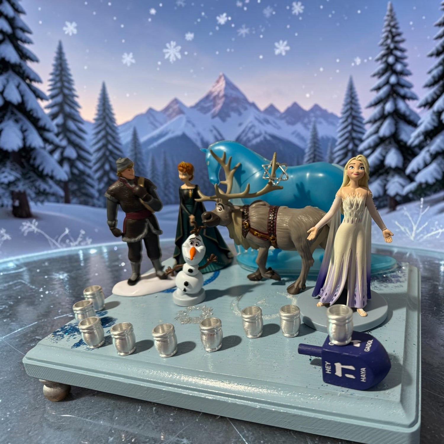 Frozen Menorah — Anna and Elsa figures with glitter dreidel shamash | Judaica Square Lakewood (view 3)