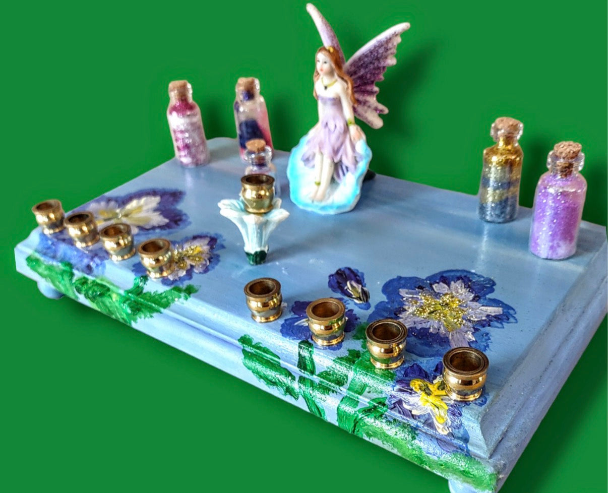 Fairy Flower Menorah — resin fairy and glass dust jar on a painted floral base | Judaica Square Lakewood (view 9)