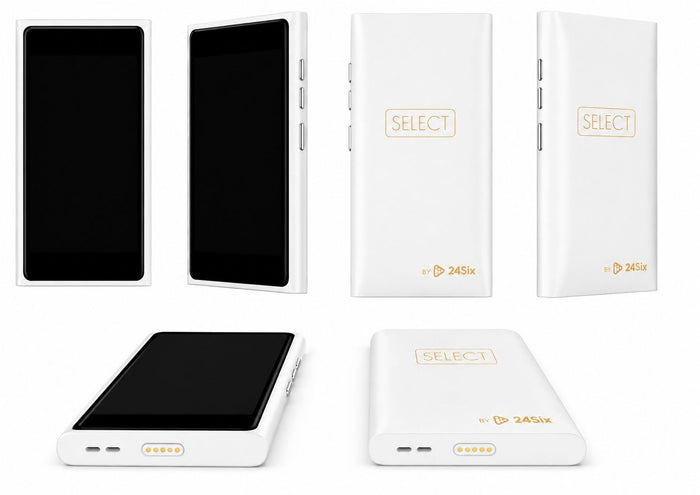 24Six Solo SELECT white kosher MP3 player — front, rear and charging connector views