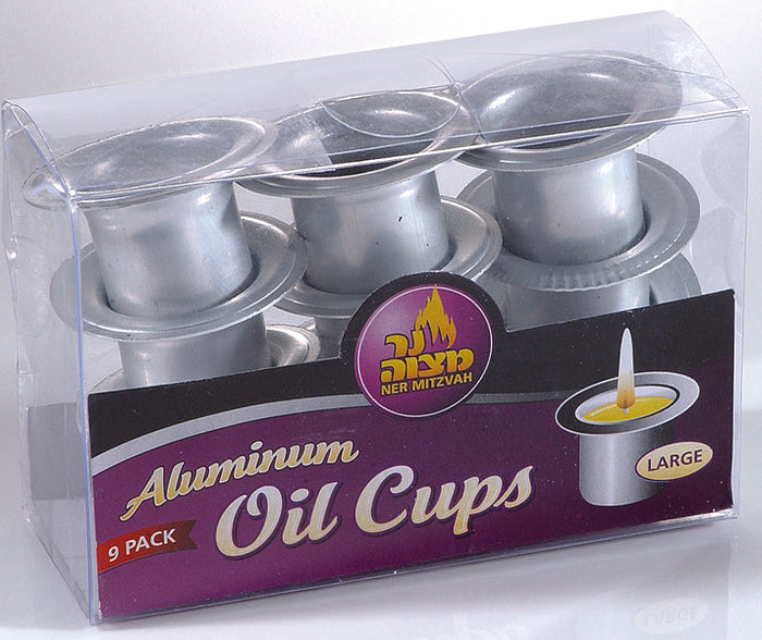 Aluminum Oil Cups, Large — row of shiny aluminum cups with flared rims | Judaica Square Lakewood