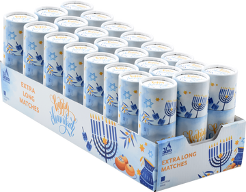 Chanukah Matches in a Decorative Drum, Blue — blue cylinder canister of long matches | Judaica Square Lakewood