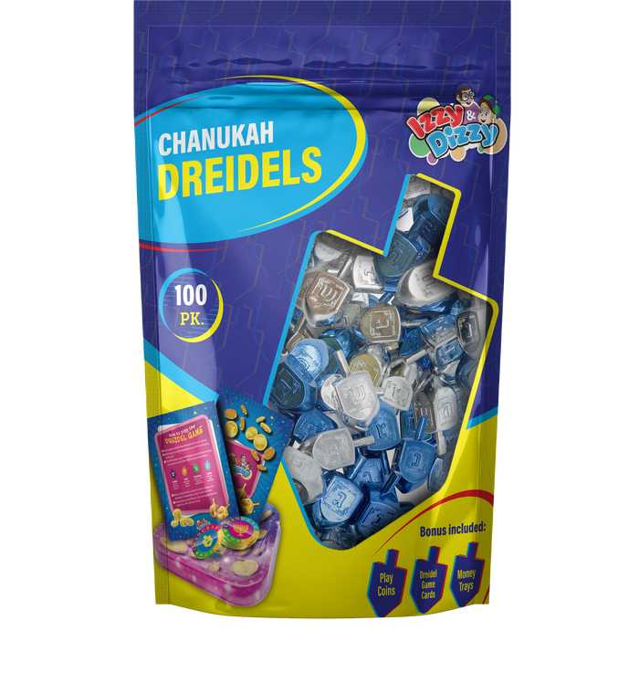 Metallic Blue & Silver Dreidels — pile of glossy blue and silver plastic dreidels | Judaica Square Lakewood